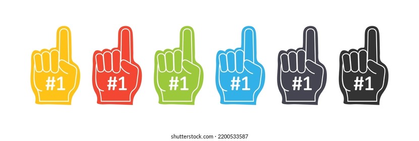 Colors foam finger icon set. Sports paraphernalia fun illustration symbol. Sign baseball vector flat.  svg
