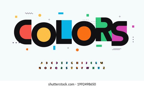 Colors font alphabet letters. Modern logo typography. Color creative art typographic design. Festive letter set for rainbow logo, headline, color cover title, joy monogram. Isolated vector typeset - Shutterstock ID 1992498650