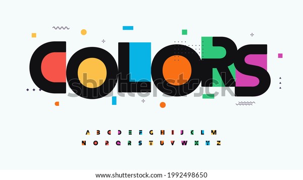 Colors font alphabet letters. Modern logo\
typography. Color creative art typographic design. Festive letter\
set for rainbow logo, headline, color cover title, joy monogram.\
Isolated vector typeset