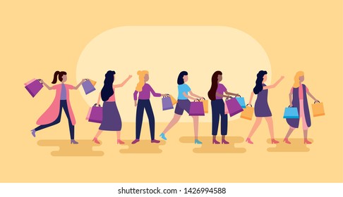 colors girls walking with shopping bags vector illustration