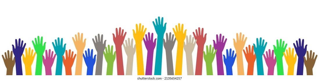 Colors hand up. hands of people. Help of volunteer. Concept of children together, united and community. Social meeting, election and teamwork. Vector.