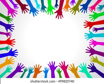Colors hands up background, concept of cooperation and reach poster, card ready for your design.