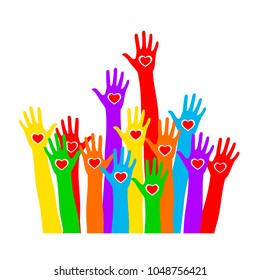Colors hands with heart up.