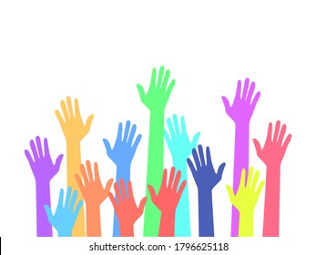 Colors hands up. Raised hands volunteering concept . fighting for rights.