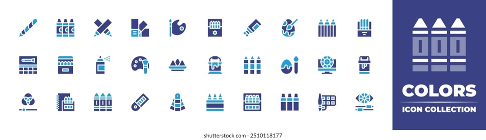 Colors icon collection. Duotone color. Vector illustration. Containing paintbucket, rgb, colorpalette, spray, color, pantone, paintbrush, drawing, crayon, crayons.