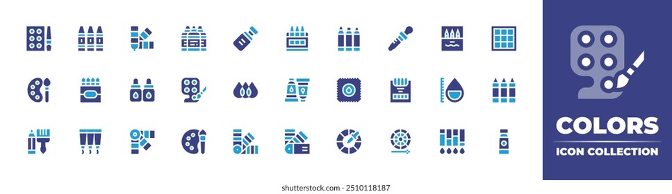 Colors icon collection. Duotone color. Vector illustration. Containing colorpalette, colortubes, coloring, paintpalette, rgbprint, ink, palette, crayon, crayons, painttube.