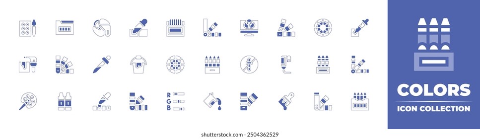 Colors icon collection. Duotone style line stroke and bold. Vector illustration. Containing paintbucket, brush, pantone, colorpalette, colorpicker, colorsample, coloredpencils, colors, pipette.