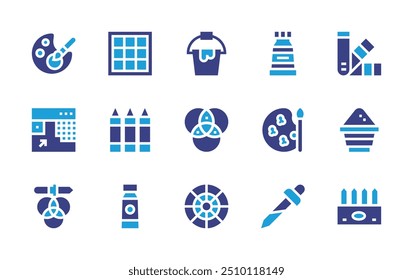 Colors icon set. Duotone color. Vector illustration. Containing pantone, colorpicker, colorbalance, colorpencils, colorpalette, rgb, powder, oilpaint, paint.