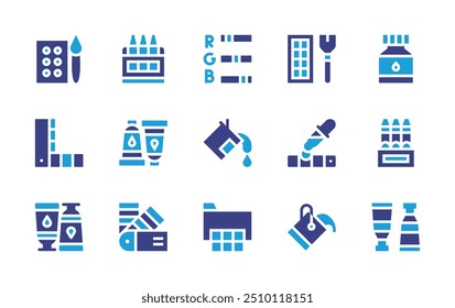 Colors icon set. Duotone color. Vector illustration. Containing paintbucket, pantone, color, colorpalette, colour, ink, rgb, oil, oilpaint, crayons, painttube.