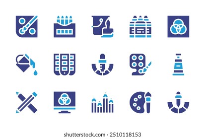 Colors icon set. Duotone color. Vector illustration. Containing paintbucket, colors, colorselection, coloring, paintpalette, pipette, painttube, crayons.