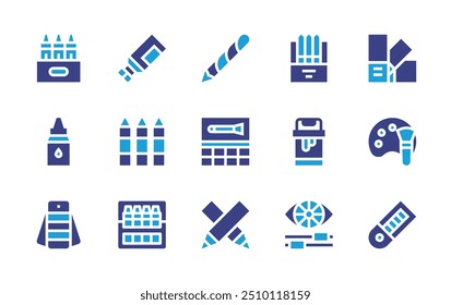 Colors icon set. Duotone color. Vector illustration. Containing dye, paintbucket, colorpencils, colorpalette, pantone, smooth, paintbrush, crayons, painttube.