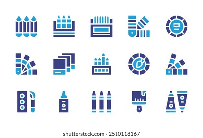 Colors icon set. Duotone color. Vector illustration. Containing colorpalette, crayons, pantone, paint, colorpencils, colorsample, coloredpencils.