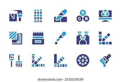 Colors icon set. Duotone color. Vector illustration. Containing brush, colour, rgb, paintbrush, pipette, colorpalette, colorpencils, papers, pantone, crayon, paint.