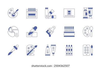Colors icon set. Duotone style line stroke and bold. Vector illustration. Containing paintbucket, paint, paintbrush, colorpalette, coloredpencils, pipette, pantone, pencils.