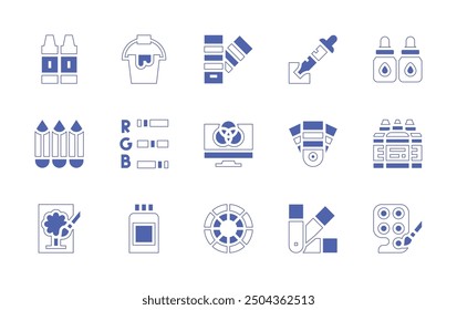 Colors icon set. Duotone style line stroke and bold. Vector illustration. Containing paintbucket, colorwheel, pantone, colorpalette, colorpencils, paintcan, rgb, eyedropper, paint, crayons.