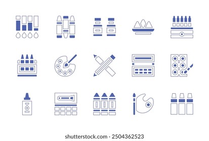 Colors icon set. Duotone style line stroke and bold. Vector illustration. Containing colorpalette, colorpencils, color, crayons, inklevel, watercolor, gouache.