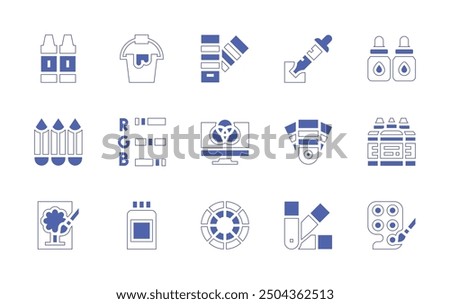 Colors icon set. Duotone style line stroke and bold. Vector illustration. Containing paintbucket, colorwheel, pantone, colorpalette, colorpencils, paintcan, rgb, eyedropper, paint, crayons.