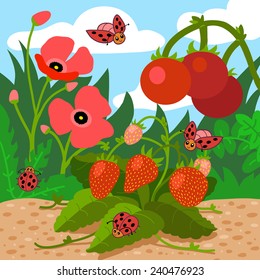 Colors for kids: red (field with red flowers, strawberries, tomatoes, ladybugs)