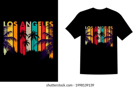 Colors of Los Angeles graphic tee vector design with palm tree silhouette. Summer t shirt design vector