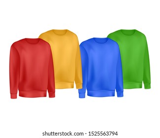 Farben sind Kleidungsstücke aus Sweatshirt und Ragglan Pullover. Mode-Illustration von sportlicher Uniform T-Shirt. Leere Vektorgrafiken für Vorschaubilder. Einzeln auf weißem Hintergrund.