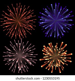 Colors Mix Fireworks Collections in the darkness background. Vector Illustration