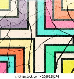Farben auf gerissenem Hintergrund und geometrische Formen.