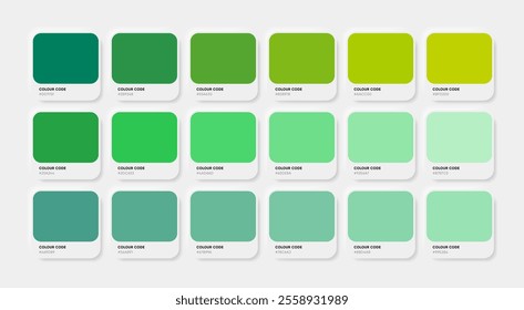 Colors palette template, green color guide palette with color HEX codes for paint, web ui, design etc.