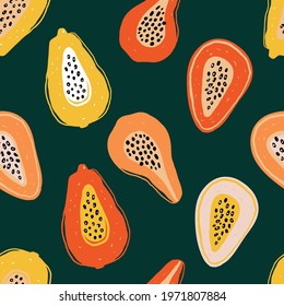Colors pattern with slices of papaya, passion-fruit on green. Hand-drawn exotic fruit pieces in lrepeating background. Fruity ornament for textile prints and fabric designs.