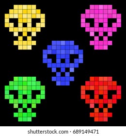 Colors pixel skulls on black screen. Pixel art background. Retro video games icons set. 