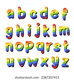 Colores Orgullo Alphabet Lowercase con Sombra. Bonito diseño de letras para la decoración. Ilustración vectorial sobre la carta.