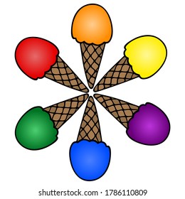 Farben der Regenbogenflagge. LGBT-Eiscreme-Blume. Vektorgrafik-Set. Eine Kollektion von Süßigkeiten auf isoliertem weißem Hintergrund. Knuspriger Waffelkonus. Internationales Symbol. Cartoon-Stil. 