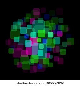 Colors random squares in center on dark backdrop. Green pink purple blue color background