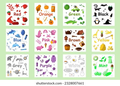 Farben, Set. Kinderkarte. Flashcard für Kinder. Das Studium der Farbe. Rot, orange, gelb, grün, minz, braun, schwarz, weiß, rosa, violett, grau, blau