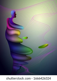 colors and shape of emotions concept, futuristic man,  human feels wind of changes, abstract man shape with liquid shape, surrealism  vector