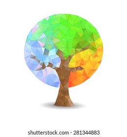 Colors of spring, summer, autumn and winter are shown in the transformation of polygonal tree