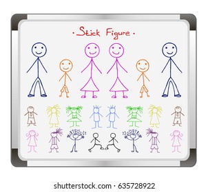 Colors stick figure  on flip chart background. Vector illustration. Free hand drawn.