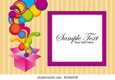 colors surprise box with violet and white frame background . illustration