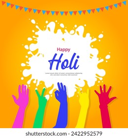 Colors of togethernes Happy Holi Greeting Card Featuring a Kaleidoscope of Hands Reaching for Celebration Hands of Unity Vibrant Holi Card Celebrating Diversity with Colorful Painted Hands in Joyfully