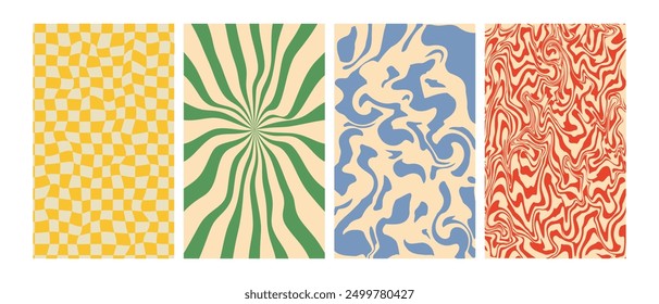 Colors trendy retro backgrounds set. Groovy posters in swirl, checkerboard, wavy lines. 70s retro backgrounds in psychedelic style