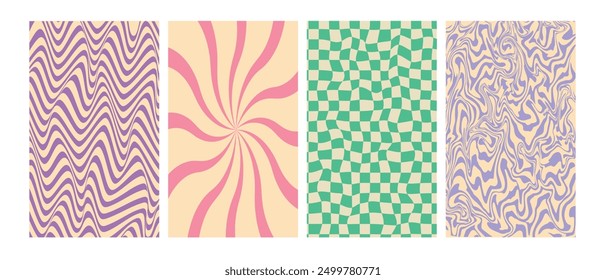 Colors trendy retro backgrounds set. Groovy posters in swirl, checkerboard, wavy lines. 70s retro backgrounds in psychedelic style