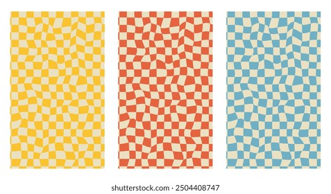 Colors сhessboard trendy retro backgrounds set. Groovy hippie checkerboard posters. 70s retro backgrounds in psychedelic style	