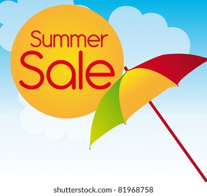 colors umbrella with sun summer sale over sky background. vector