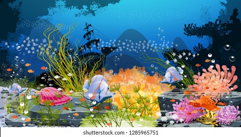 The colors of the underwater world - true underwater images and underwater life The beauty of living things that live together Coral reef fish and beautiful and colorful sea anemones - vector