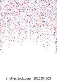Colors of USA flag background, blue and red stars falling down on white. American Independence Day or President Day backdrop for card, banner, poster or flyer. 4th of July holiday stardust pattern.
