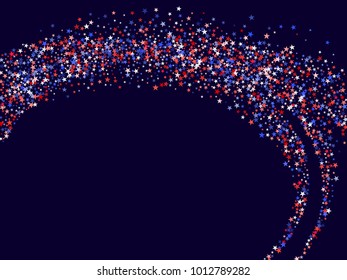 Colors of USA flag background, blue and red stars falling. American President Day background for card, banner, poster or flyer. Holiday star dust pattern in red, white, blue. USA symbols cool confetti