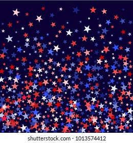 Colors of USA flag background, blue and red stars falling. American President Day background for card, banner, poster or flyer. Holiday star dust pattern in red, white, blue. USA symbols scatter.