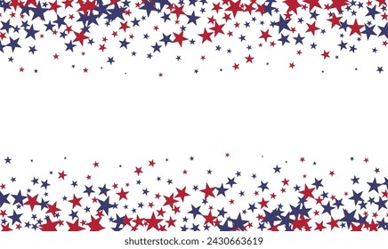 Colors of USA flag background, blue and red stars falling. Red and blue stars falling on white background, poster with American color symbols, shooting stars confetti