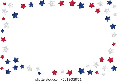 Colors of USA flag background, blue silver red stars falling Isolated background poster American color symbols 3d stars confetti frame Holiday USA flag colors for Patriot Day Copy space