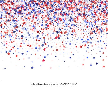 Colors of USA flag background, blue and red stars falling down on white. American Independence Day or President Day backdrop for card, banner, poster or flyer. 4th of July holiday stardust pattern.