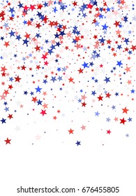 Colors of USA flag background, blue and red stars falling down on white. American Independence Day or President Day backdrop for card, banner, poster or flyer. Holiday stardust pattern.